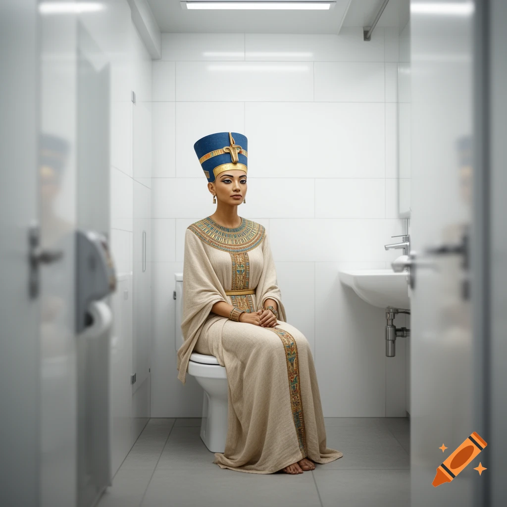 Queen Nefertiti in ancient Egyptian attire sitting on a modern toilet in a white tiled bathroom, photorealistic.