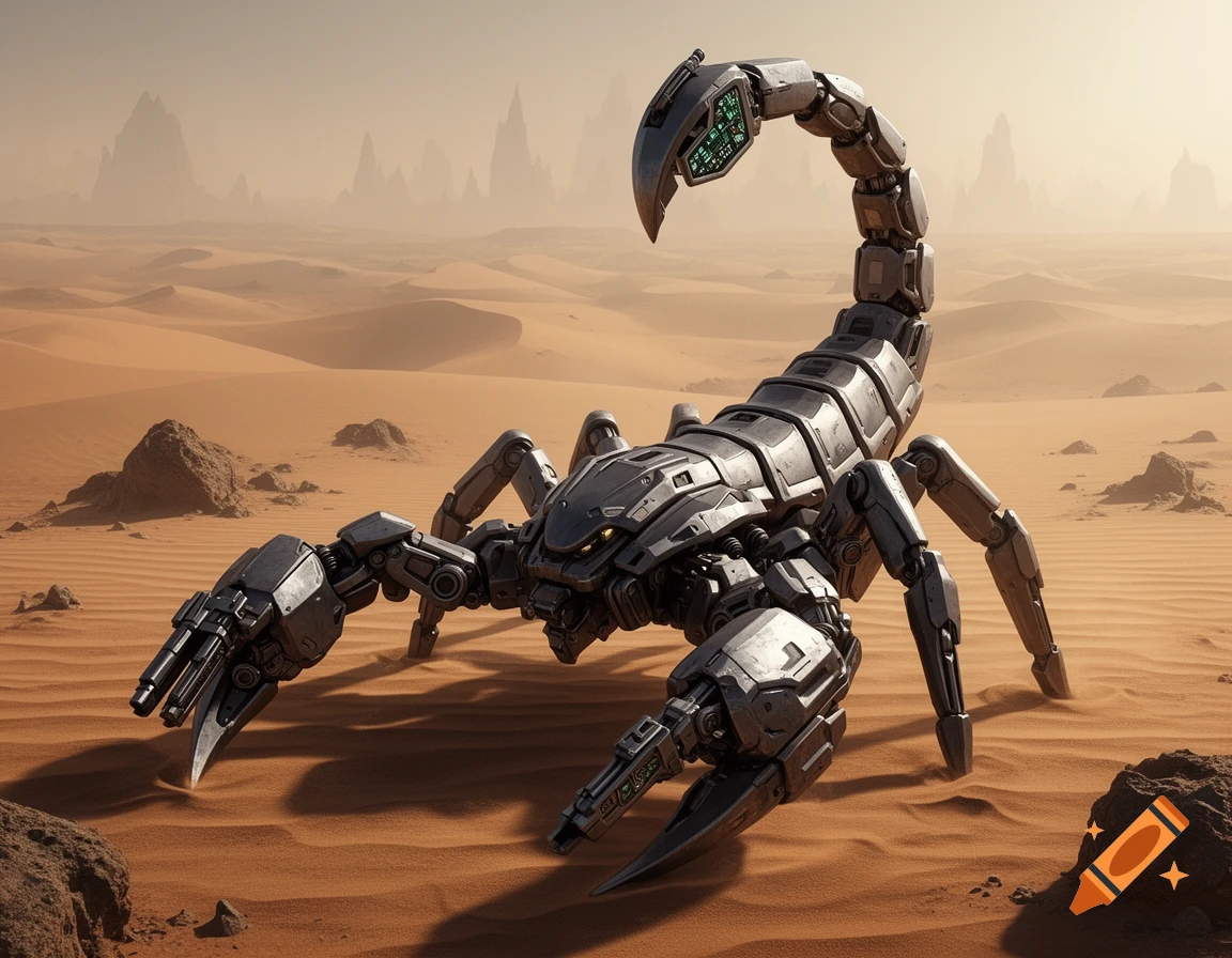 A photorealistic image of a large, grey robotic scorpion with green lights standing on sand dunes in a vast desert.