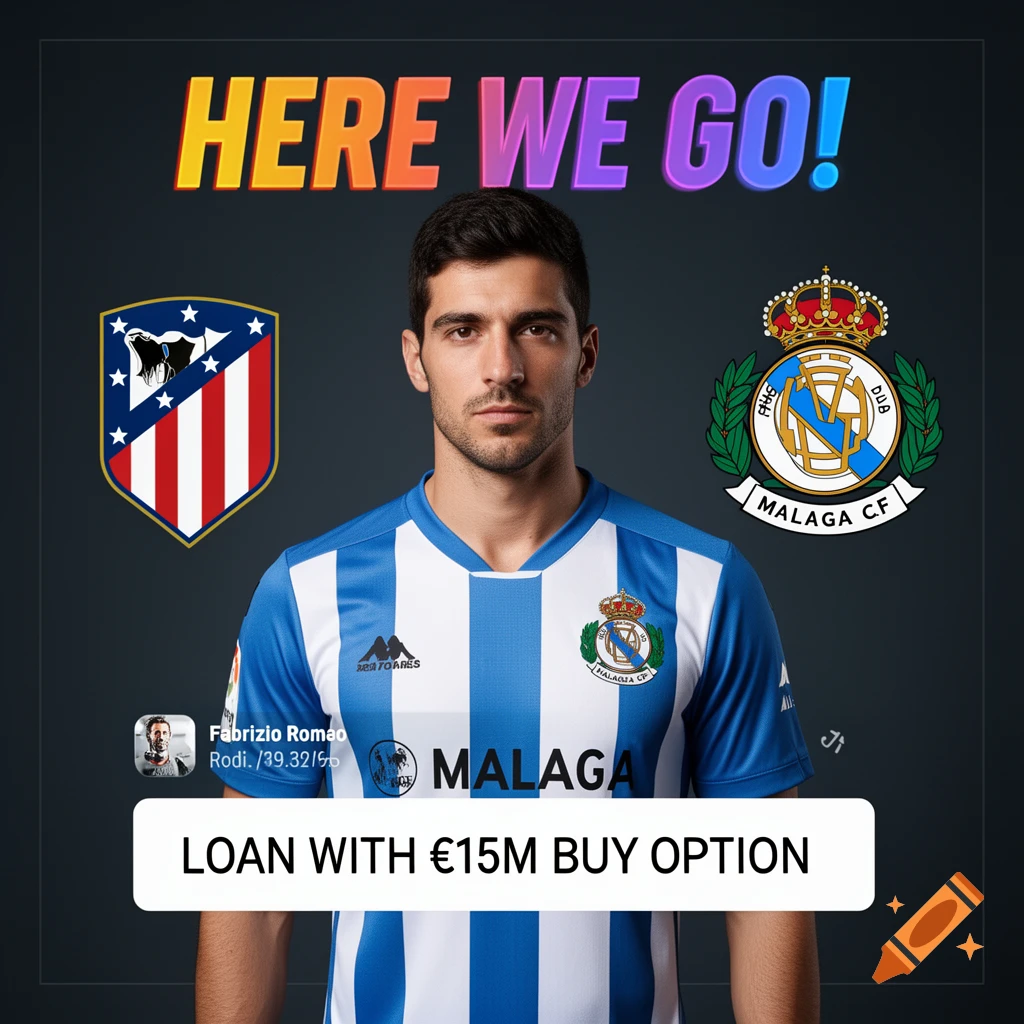 A man in a blue and white striped soccer jersey, flanked by the Atlético de Madrid and Málaga CF crests, with the text "HERE WE GO!" and "LOAN WITH €15M BUY OPTION" on a dark background.
