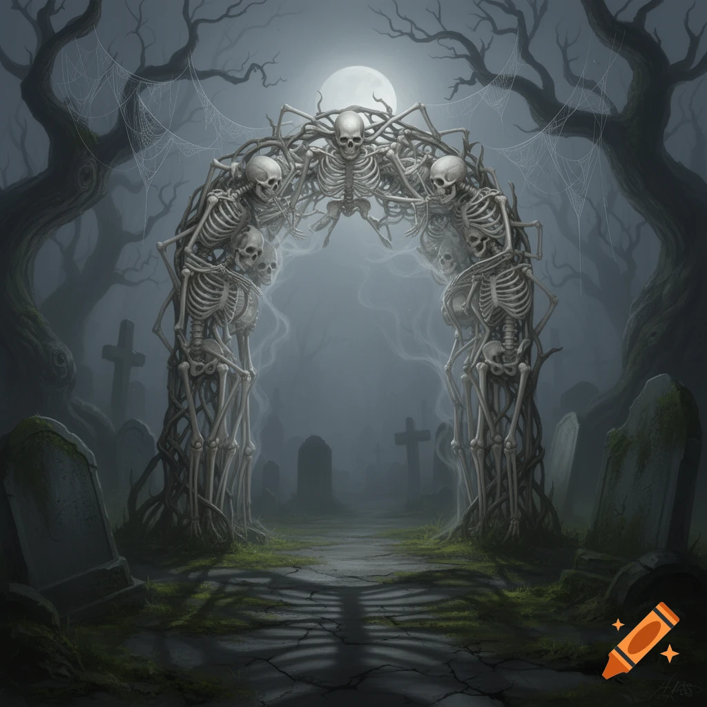 A dark, foggy cemetery at night with a full moon, featuring an archway constructed from intertwining skeletons and spiderwebs.