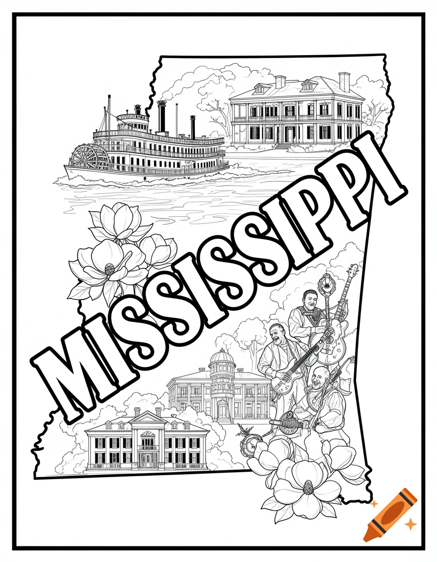 A black and white coloring page outline of the state of Mississippi with its name across the center, featuring a paddleboat, historic mansions, blues musicians, and magnolia flowers.