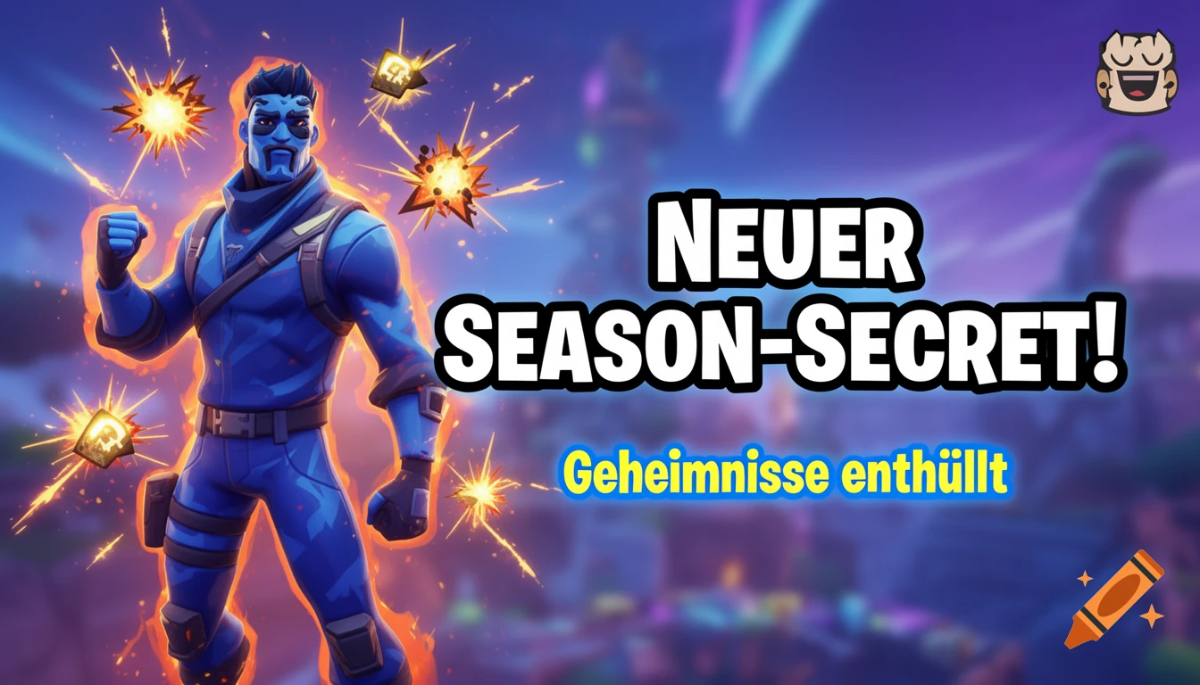 A blue Fortnite character with an orange glow, surrounded by sparks, against a blurry purple background. Large text reads 'NEUER SEASON-SECRET!' with 'Geheimnisse enthüllt' below.