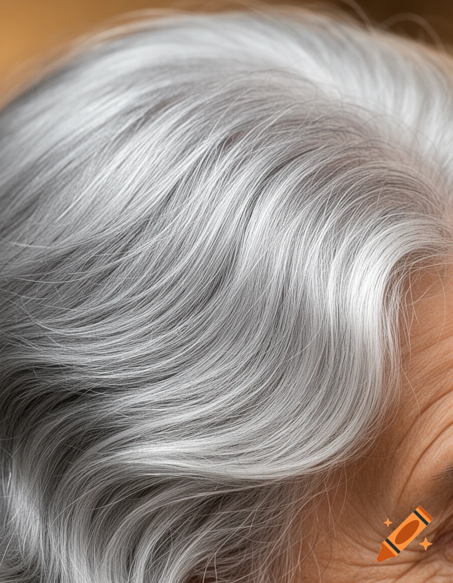 Close-up of wavy, flowing silver hair with visible skin texture.