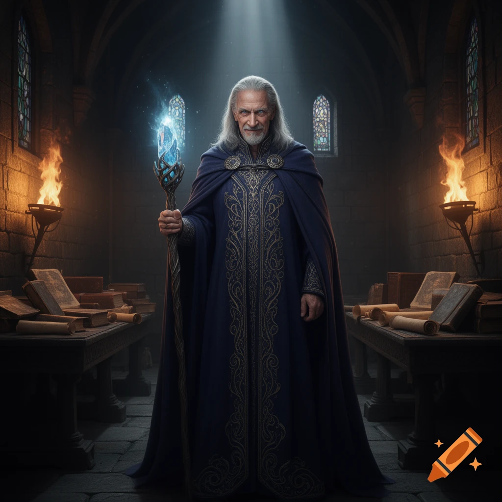 An old sorcerer in a blue robe holds a glowing staff in a dark, ancient chamber with books and torches.