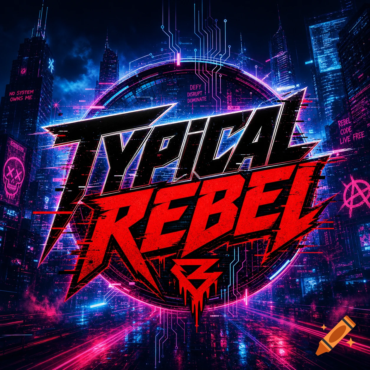 A stylized "Typical Rebel" logo in black and red lettering, set against a vibrant neon-lit cyberpunk city at night with circuit patterns.