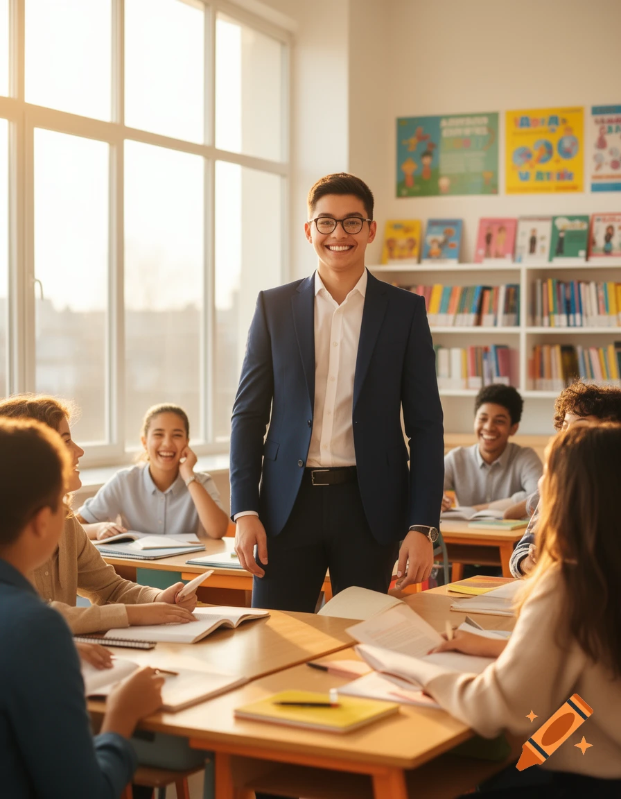 A smiling young male teacher stands in a bright classroom, surrounded by diverse students studying at their desks.