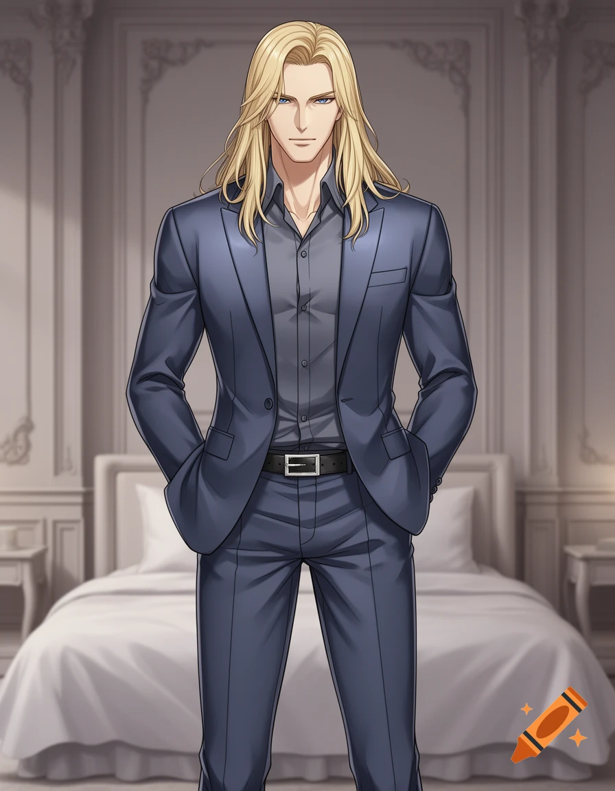 Anime-style man with long blonde hair and blue eyes, wearing a dark blue suit, standing in a bedroom.