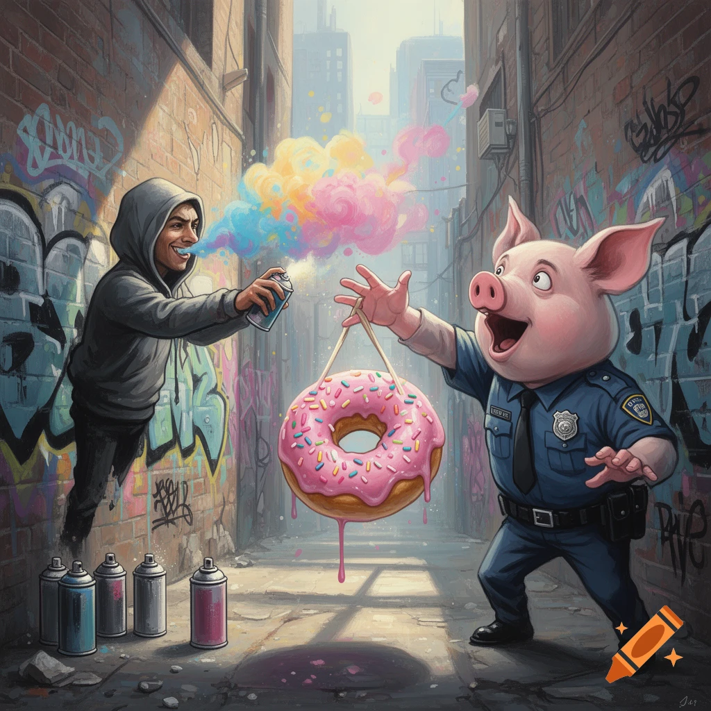 A cartoon image of a person spraying colorful paint towards a pig police officer reaching for a donut in a graffiti-filled alley.