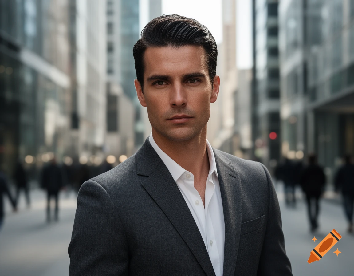 A handsome man in a dark suit and white shirt looks forward in a photorealistic portrait set against a blurred city background.