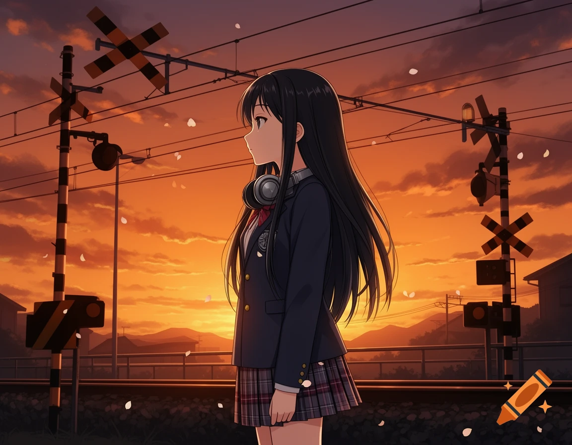Anime schoolgirl with headphones stands at a railroad crossing against an orange sunset with falling petals.