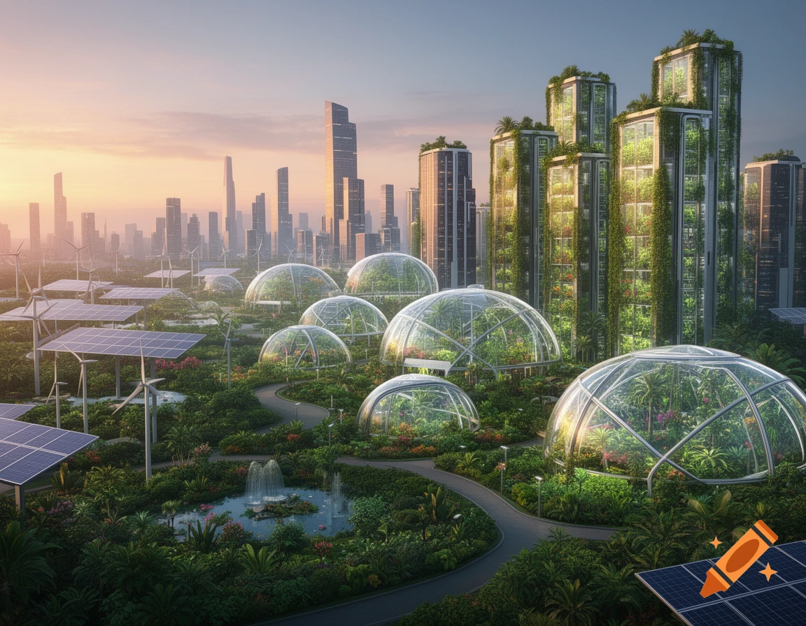 A futuristic city with vertical gardens on skyscrapers, large glass biospheres, solar panels, and wind turbines amidst lush greenery.