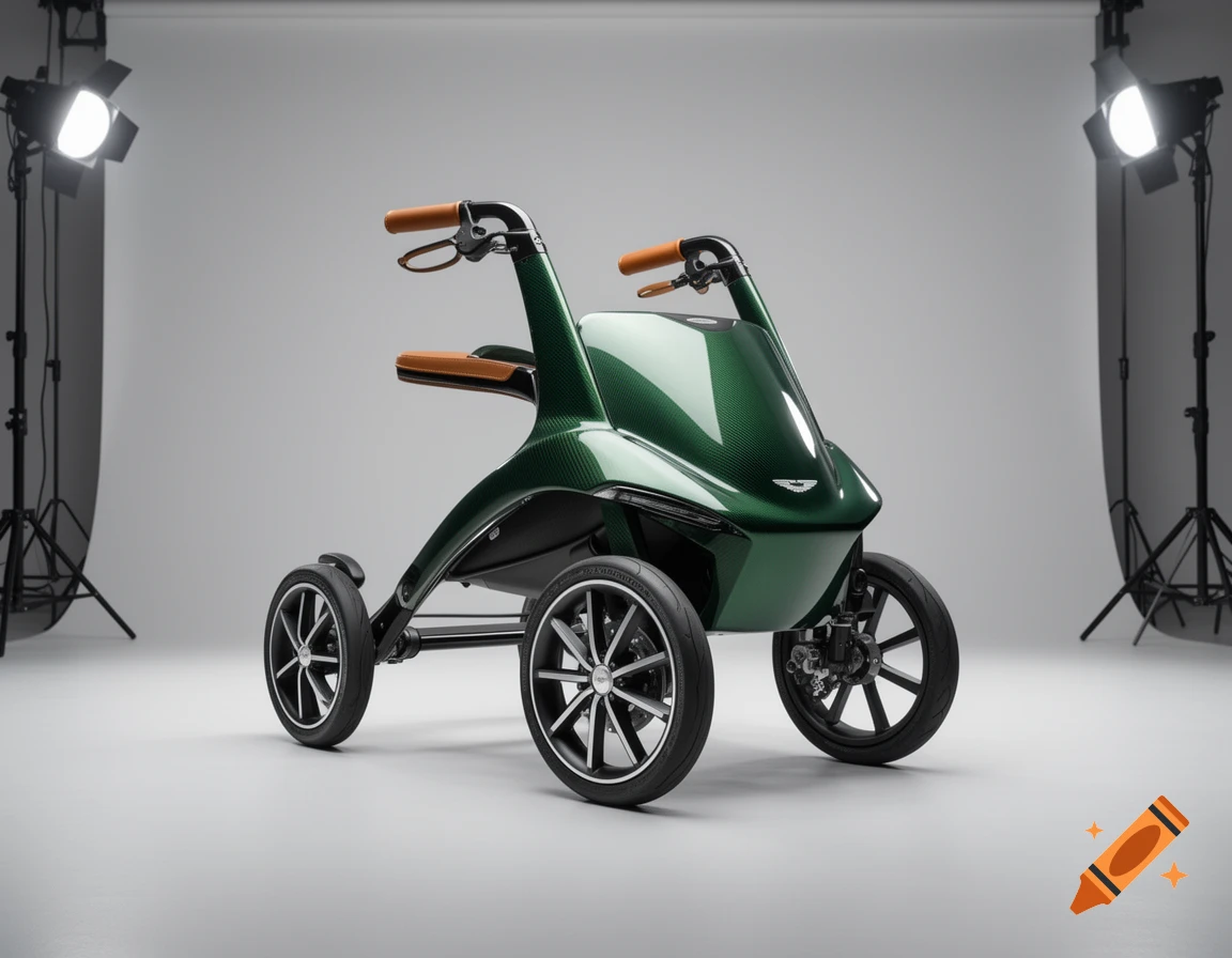 A glossy British Racing Green carbon fiber luxury rollator walker, styled like an Aston Martin, with tan leather handles in a studio.