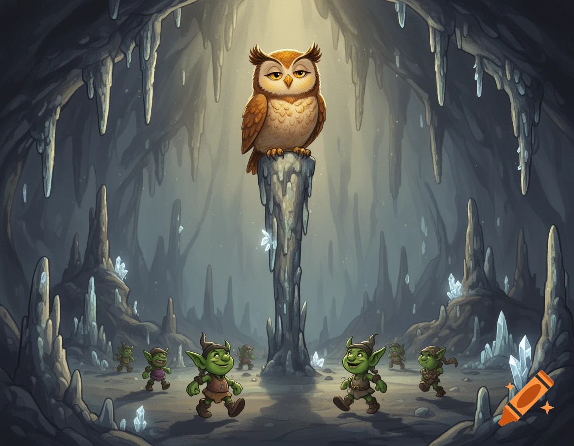 A cartoon owl with a smug smile perched on a tall stalactite in a dimly lit cave, with several green goblins walking below.