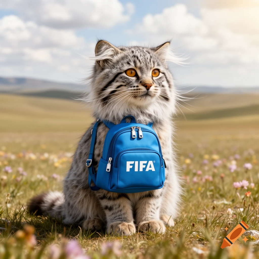 Photorealistic Mongolian Pallas cat with a blue FIFA backpack sitting in a grassy field under a cloudy sky.