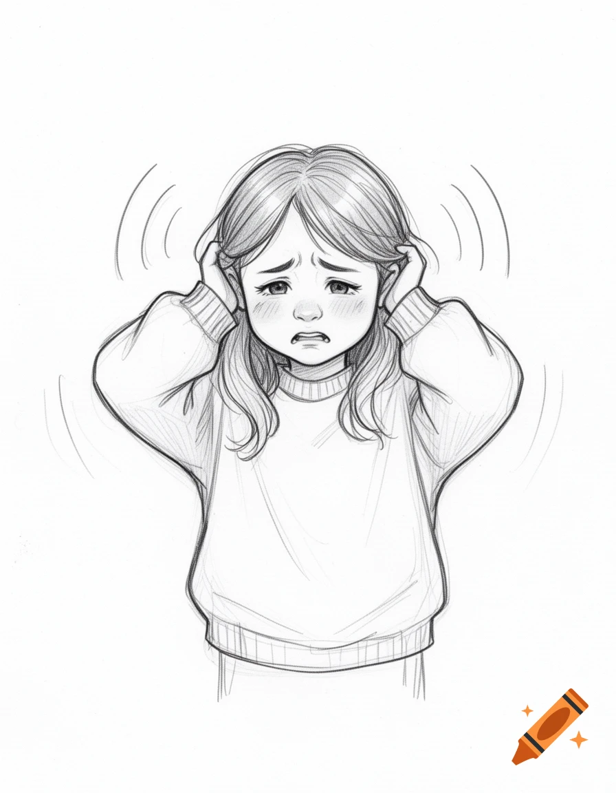 A black and white sketch of a little girl with long hair, wearing a sweater, covering her ears with her hands and looking distressed, with sound waves drawn around her head.