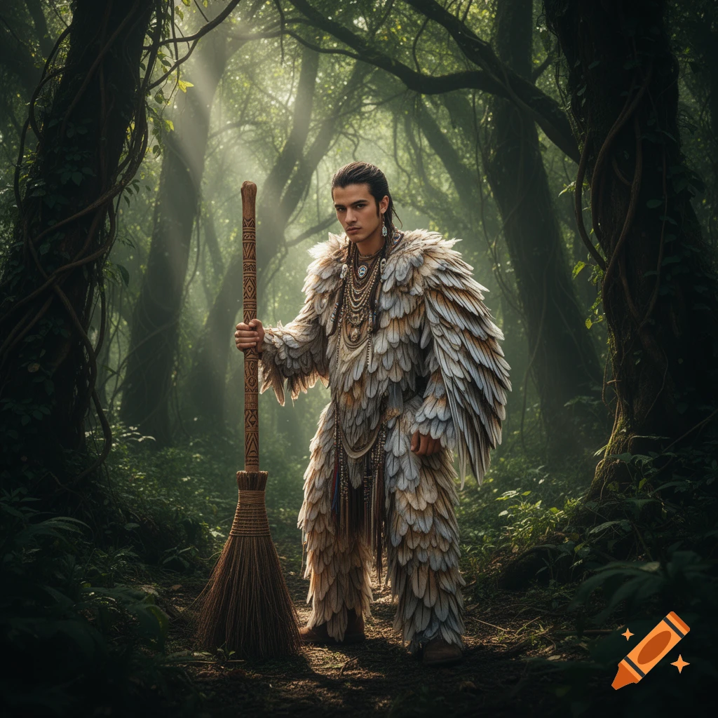 A young shaman in an elaborate owl feather costume holds a decorative broom in a mystical forest with sun rays filtering through trees.