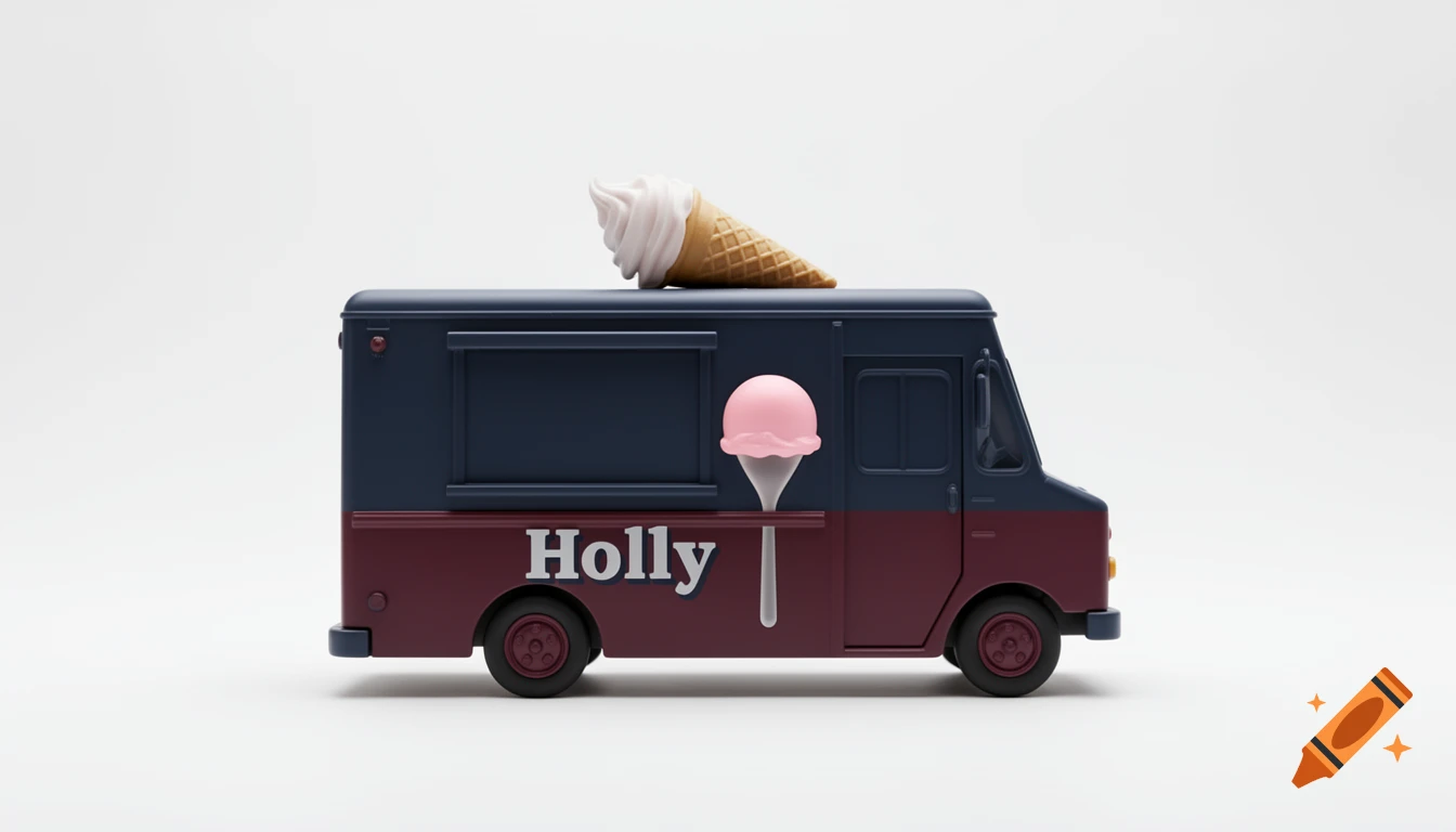 A toy-like 3D rendered ice cream truck in dark blue and wine red, labeled 'Holly', with a cone on its roof and a pink scoop on its side.