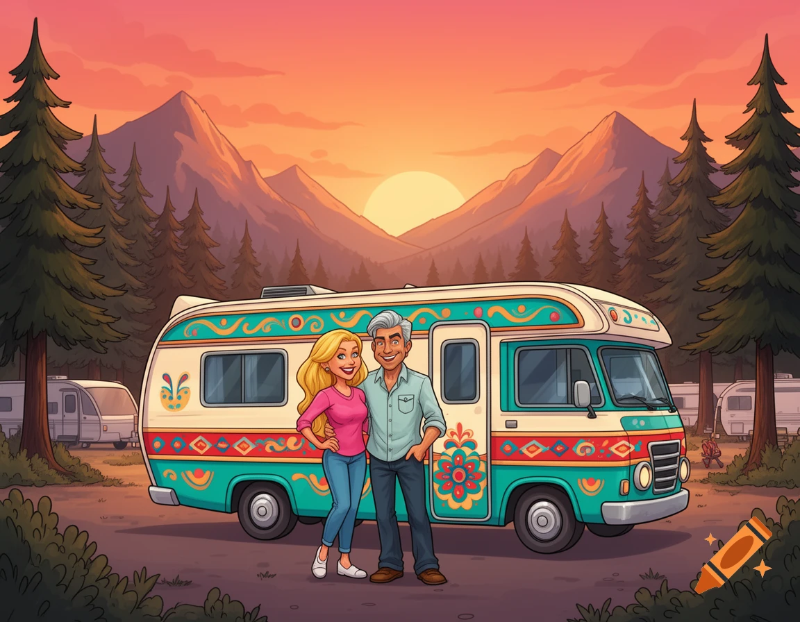 Happy cartoon couple stands in front of a colorful retro RV camper at a mountain RV park during sunset.
