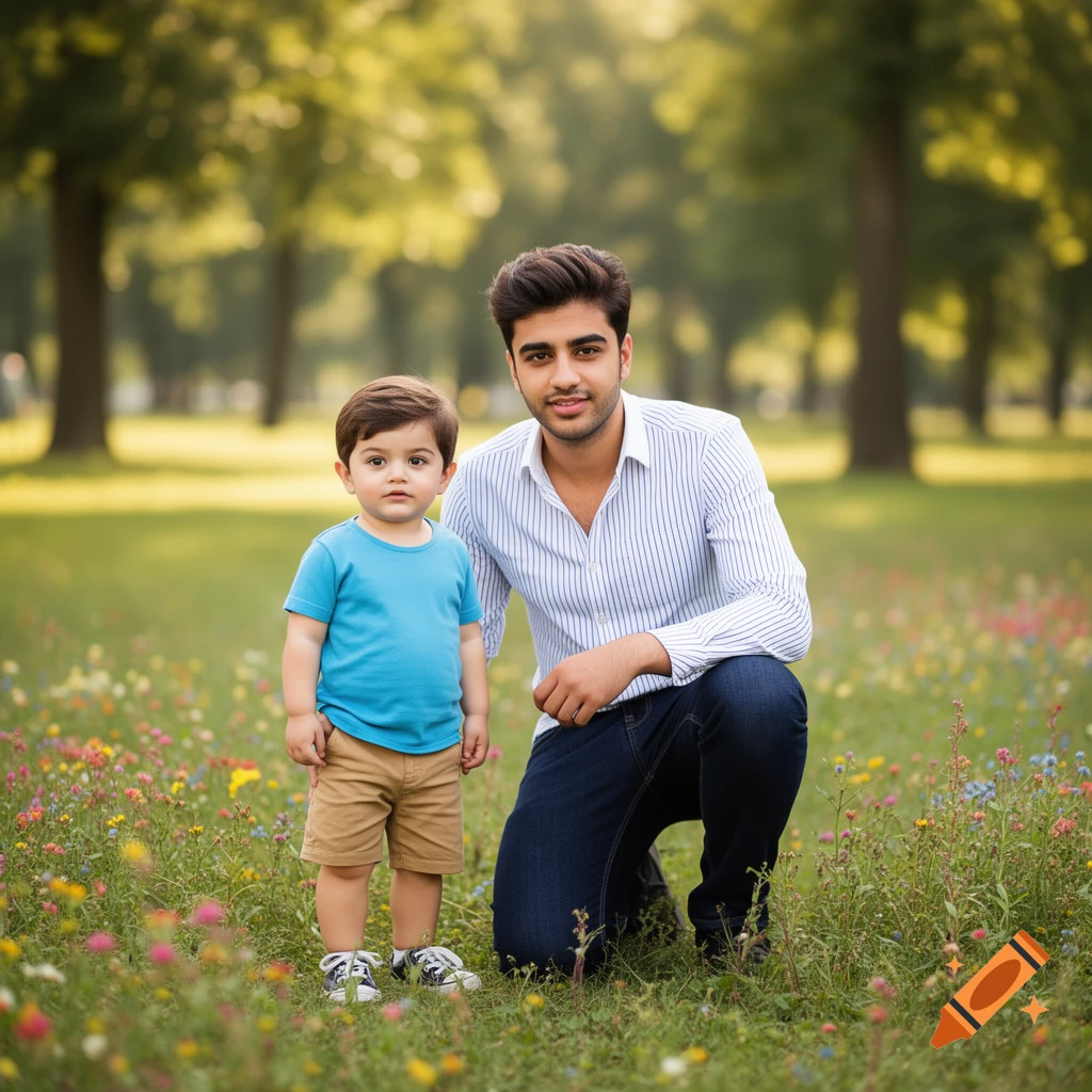 A man kneeling next to a standing child in a sunny park with wildflowers and trees, photorealistic style.
