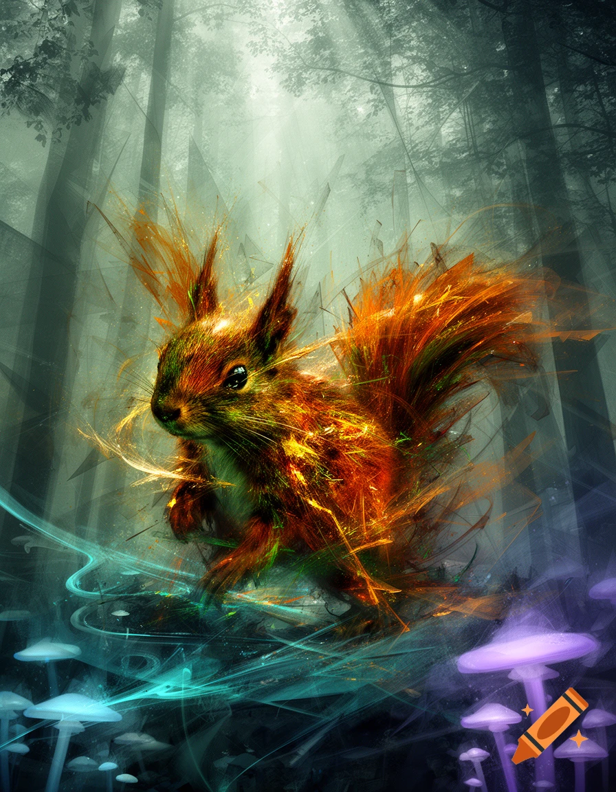 A glowing, abstract squirrel with fiery fur in a misty, magical forest with luminous mushrooms.