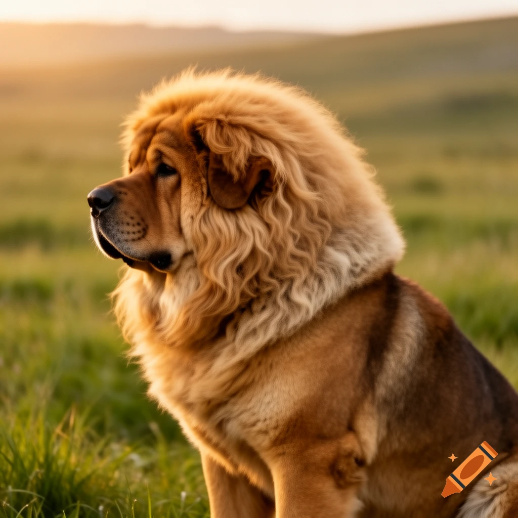 Photorealistic image of a majestic Tibetan Mastiff, with a lion-like mane, sitting in a sunny green field at sunset.