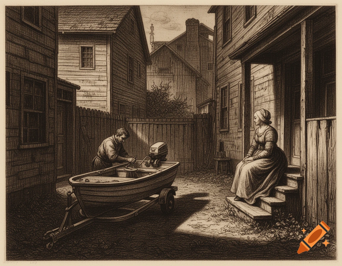 A sepia etching shows a man working on a small boat in a backyard while a woman watches from a porch.