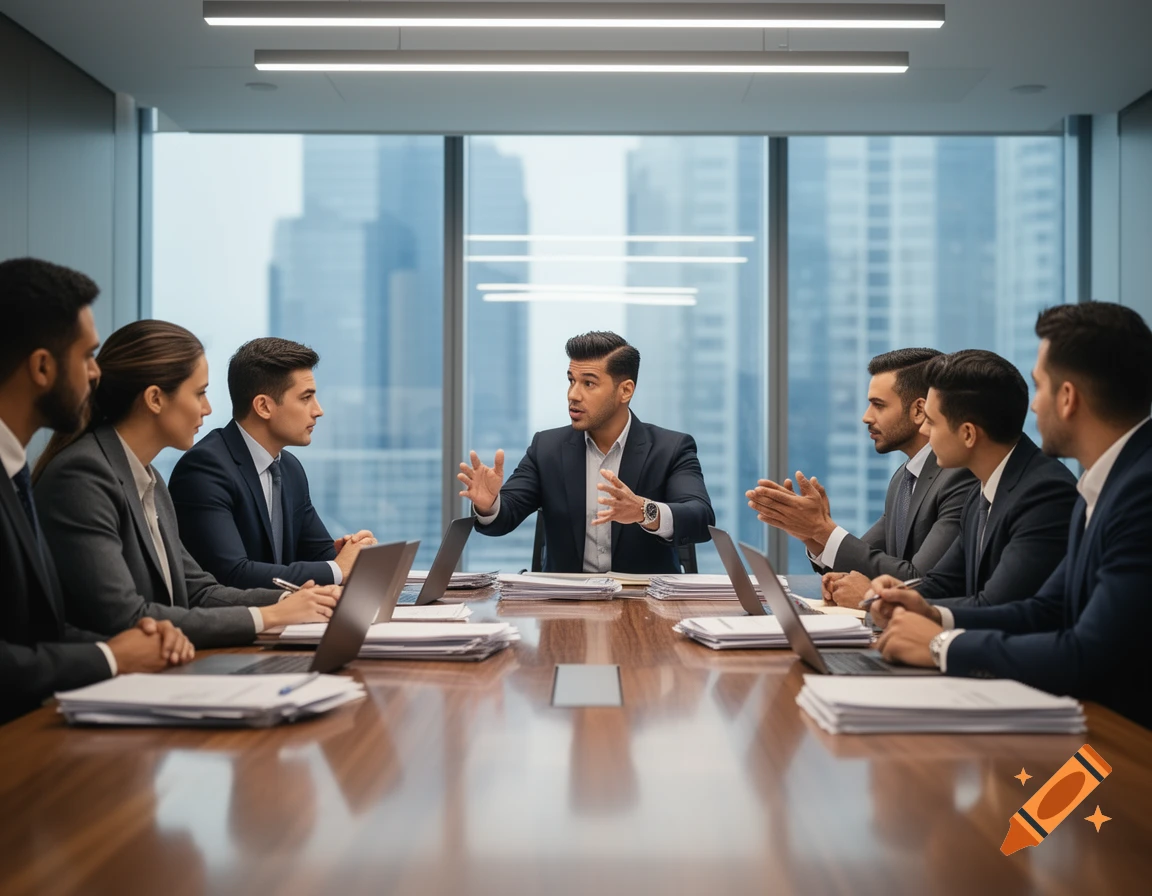 Business professionals in suits gathered around a conference table in a modern office with city views, engaged in a discussion.
