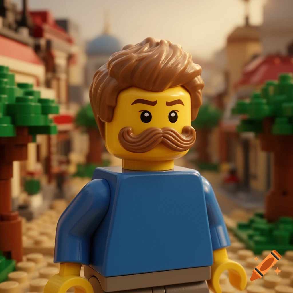 A Lego minifigure with a brown curly mustache, light brown hair, and blue shirt stands in a blurred Lego city.