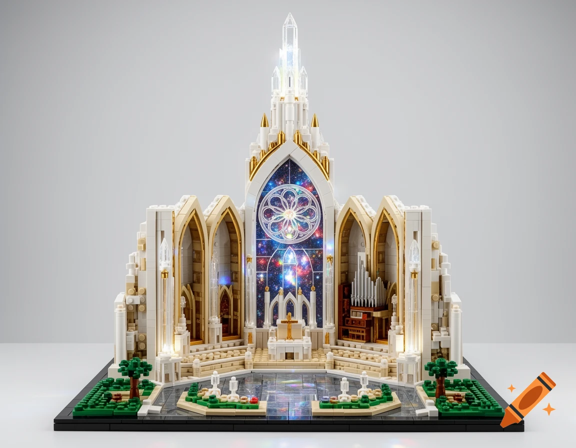 A majestic white and gold LEGO cathedral model, "Cathedral of the New Dawn," featuring a luminous crystal spire and a galaxy rose window.