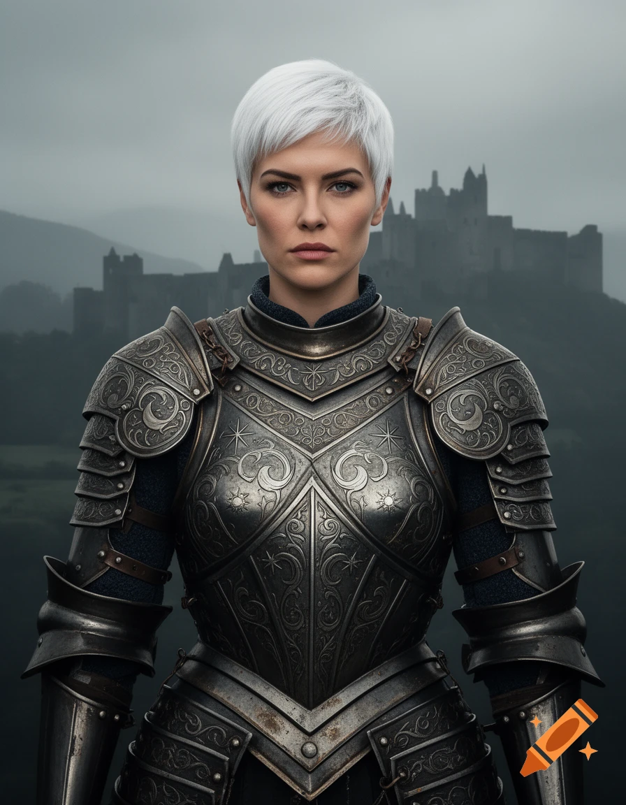 A woman with short white hair in ornate silver and grey armor stands before a misty castle.