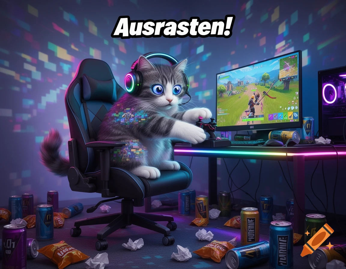 A wide-eyed cat with a gaming headset sits in a black chair, intently playing a video game on a monitor, surrounded by energy drink cans and trash in a neon-lit room. The text "Ausrasten!" floats above.