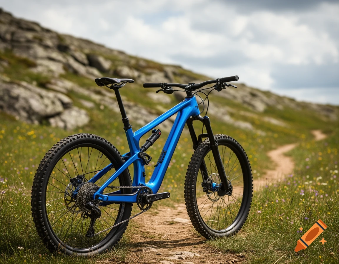 A bright blue mountain bike parked on a dirt trail winding through a rocky, grassy landscape with wildflowers.