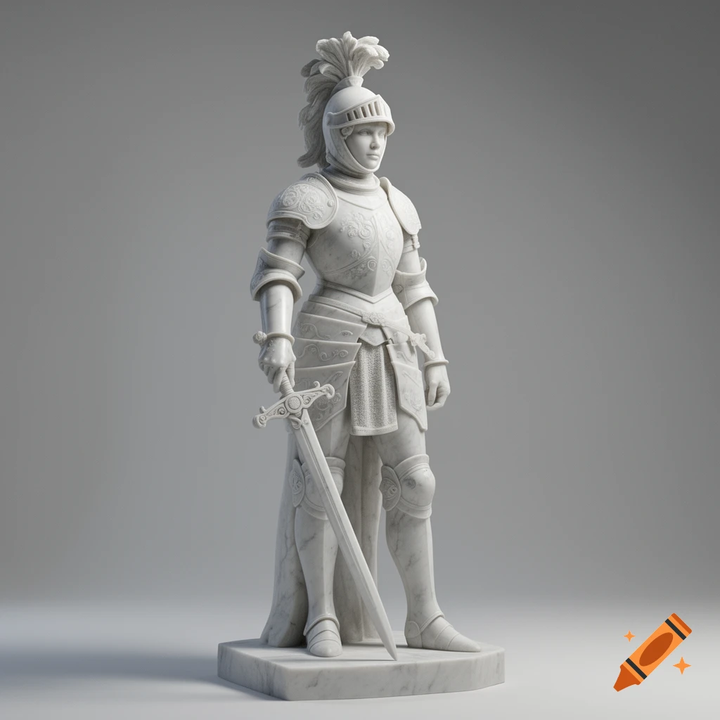 A white marble statue of a female knight in full armor holding a sword.