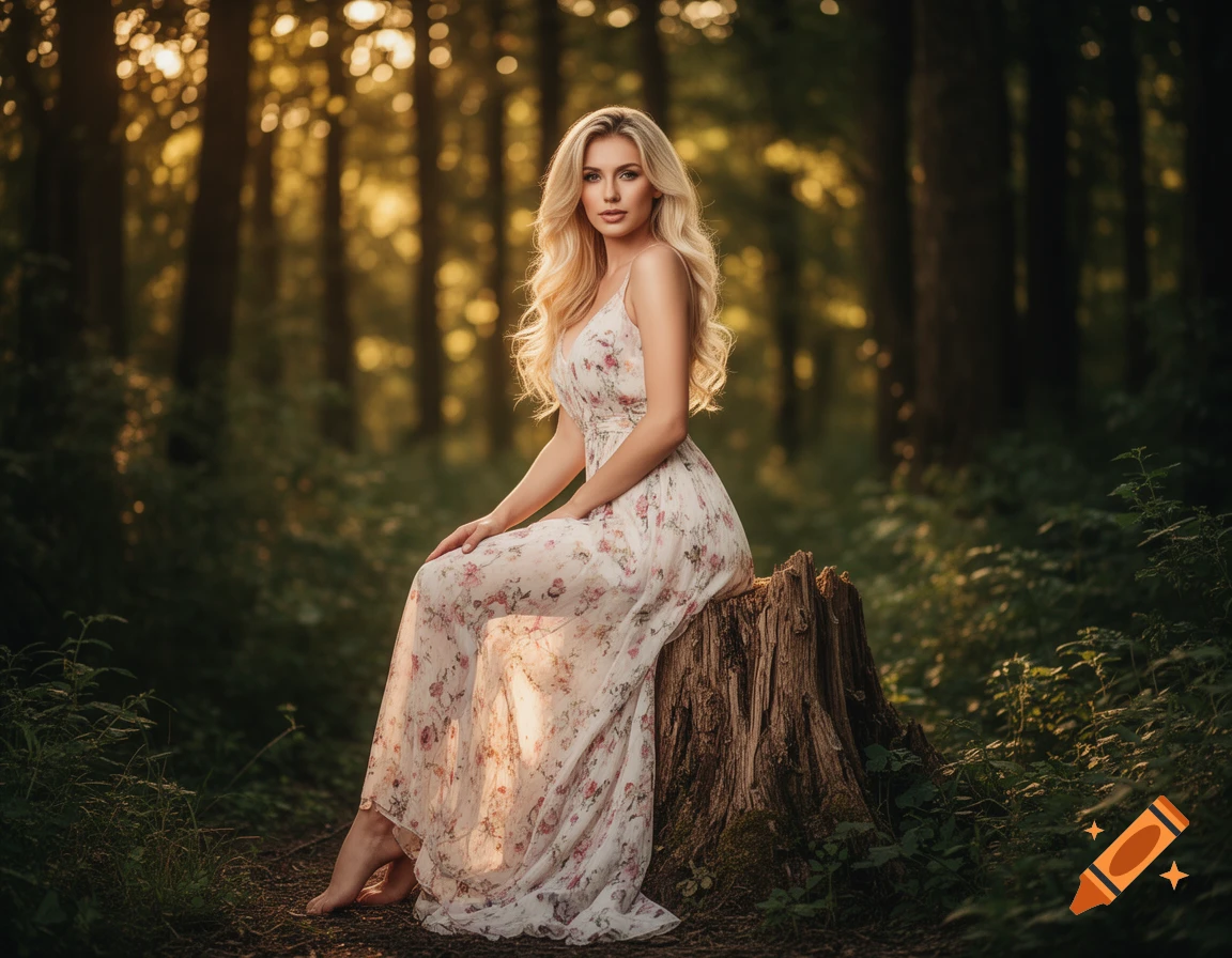 A beautiful blonde woman in a long floral summer dress sits on a tree stump in a sun-dappled forest, looking at the viewer.