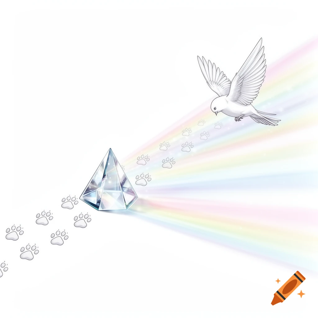 Minimalist manga style illustration of a white dove flying above a diamond prism with a rainbow light and paw print trail.