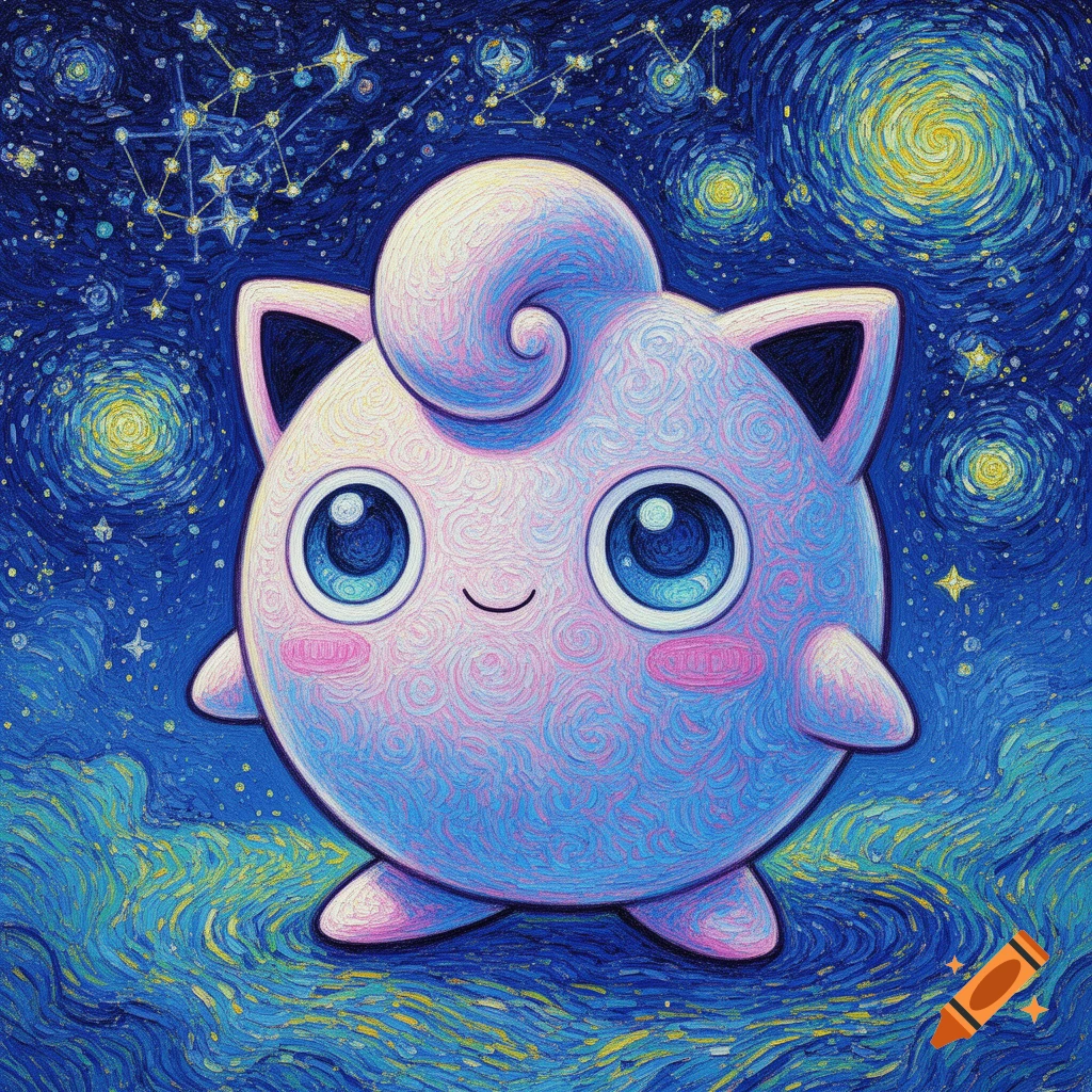 A pink and blue Jigglypuff in a Van Gogh style painting, set against a dark blue starry night sky with swirling yellow stars.