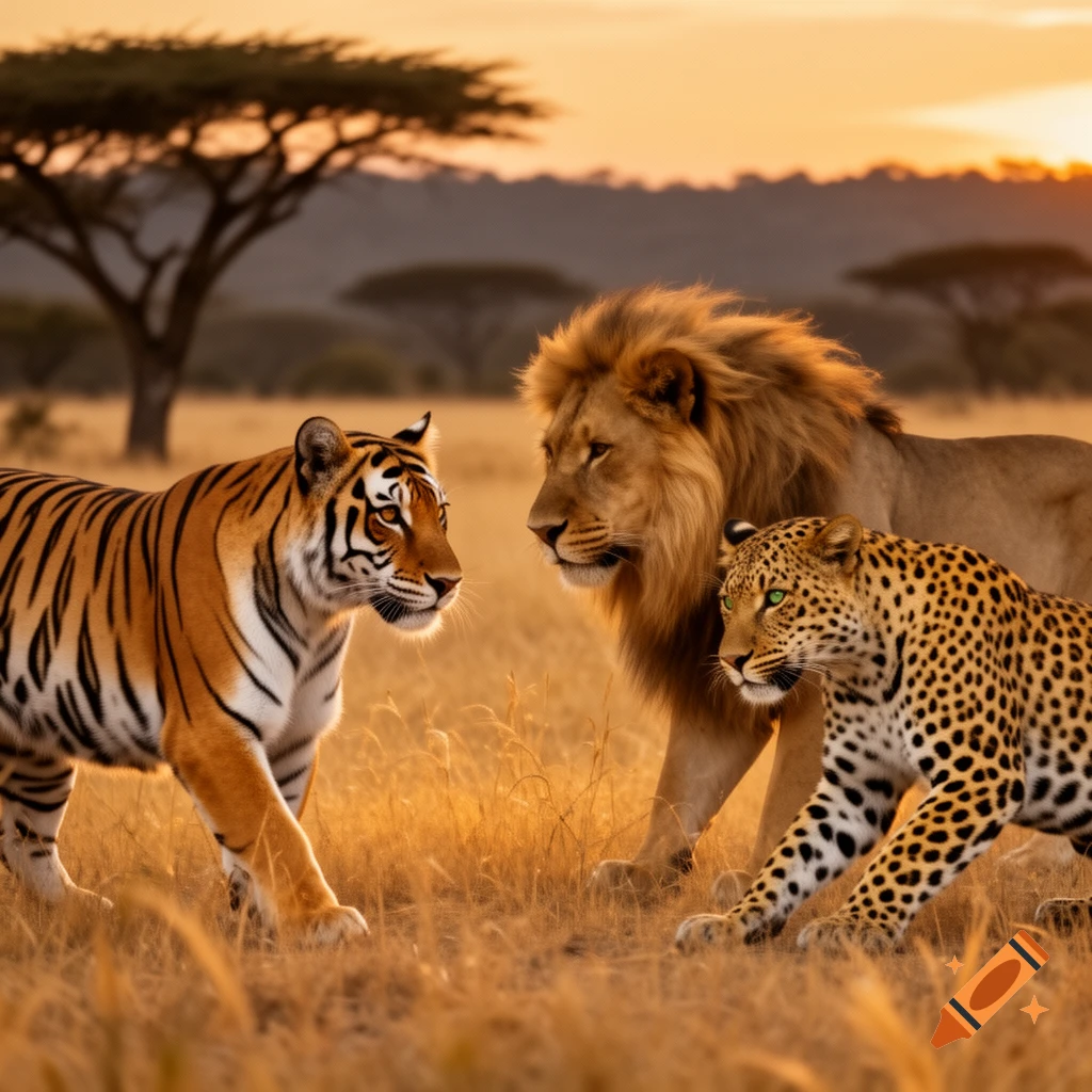 A photorealistic image of a tiger, a lion, and a leopard standing together in a golden savanna at sunset.