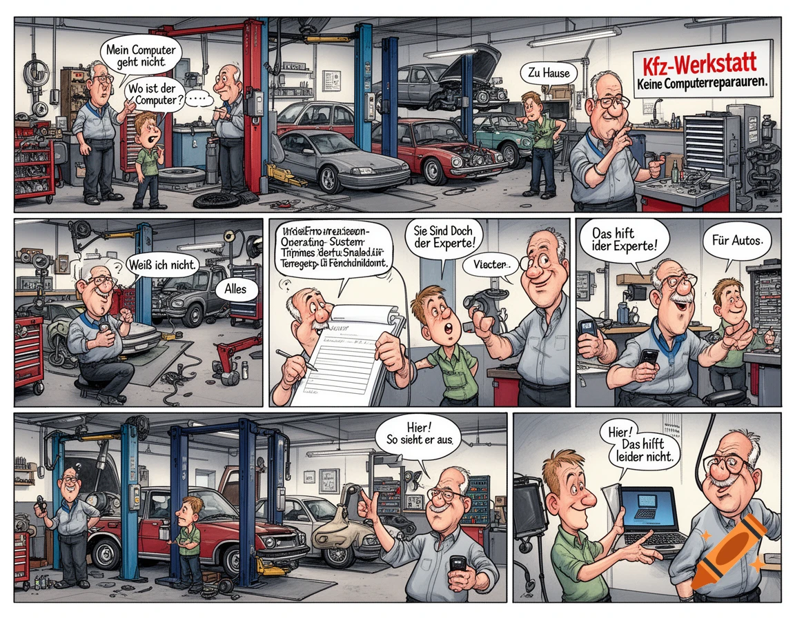 A multi-panel cartoon comic showing a man in a car workshop asking for computer repair, while the mechanic tries to explain he only works on cars.