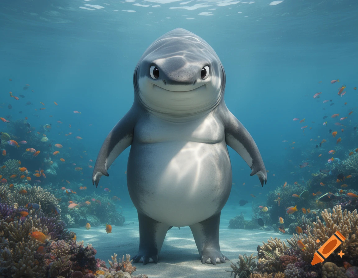 An adorable, plump cartoon shark stands on two feet underwater amidst colorful coral and fish, smiling at the viewer.
