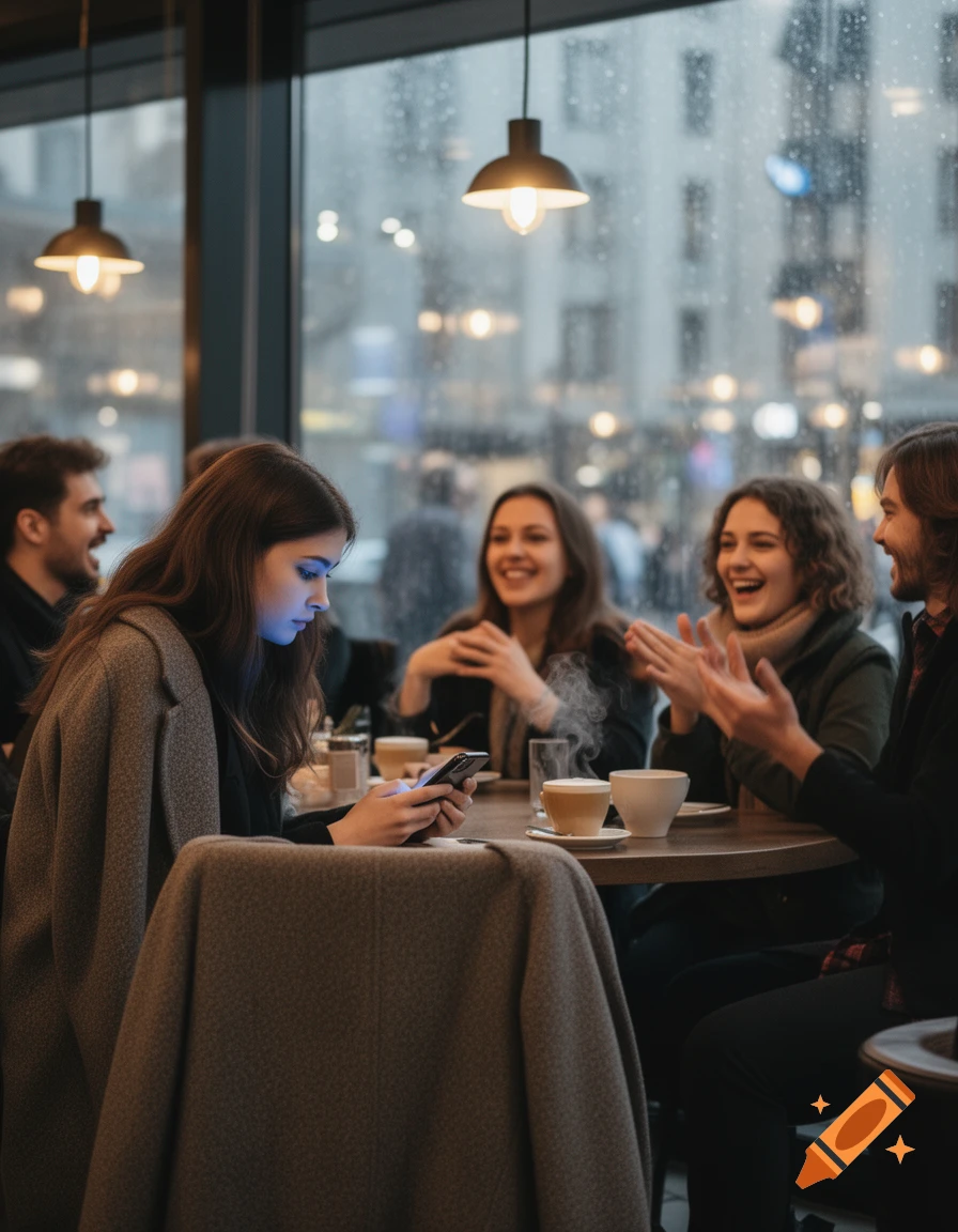 A sad young woman looks at her phone at a cafe table while her friends laugh and talk around her, seemingly ignored.