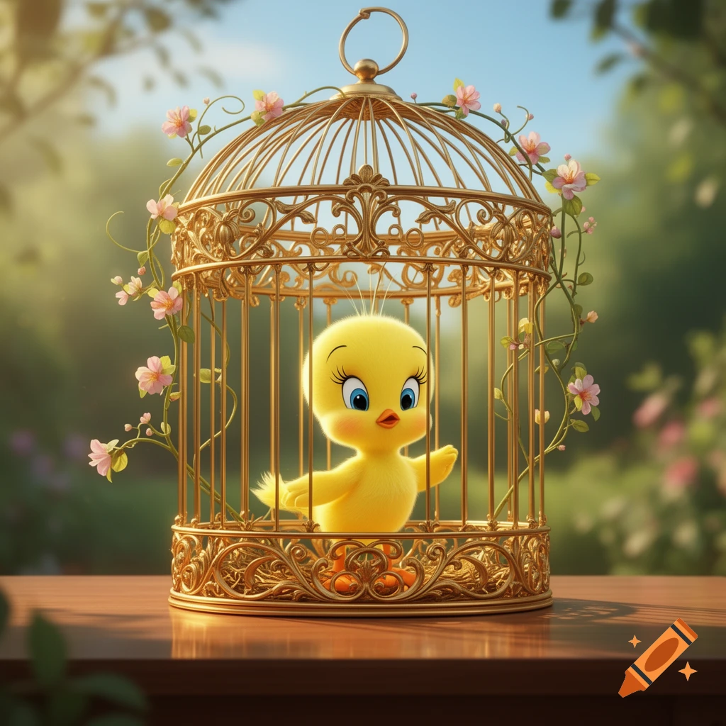 A cute yellow cartoon Tweety Bird inside an ornate golden birdcage with pink flowers, against a blurred green outdoor background.