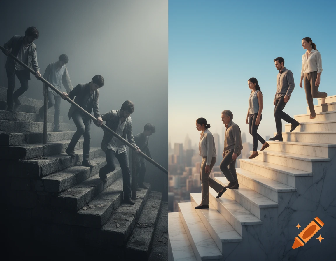 A split image depicts two groups on stairs: on the left, people struggle up dark, crumbling steps; on the right, people descend bright, clean steps with ease against a city backdrop.