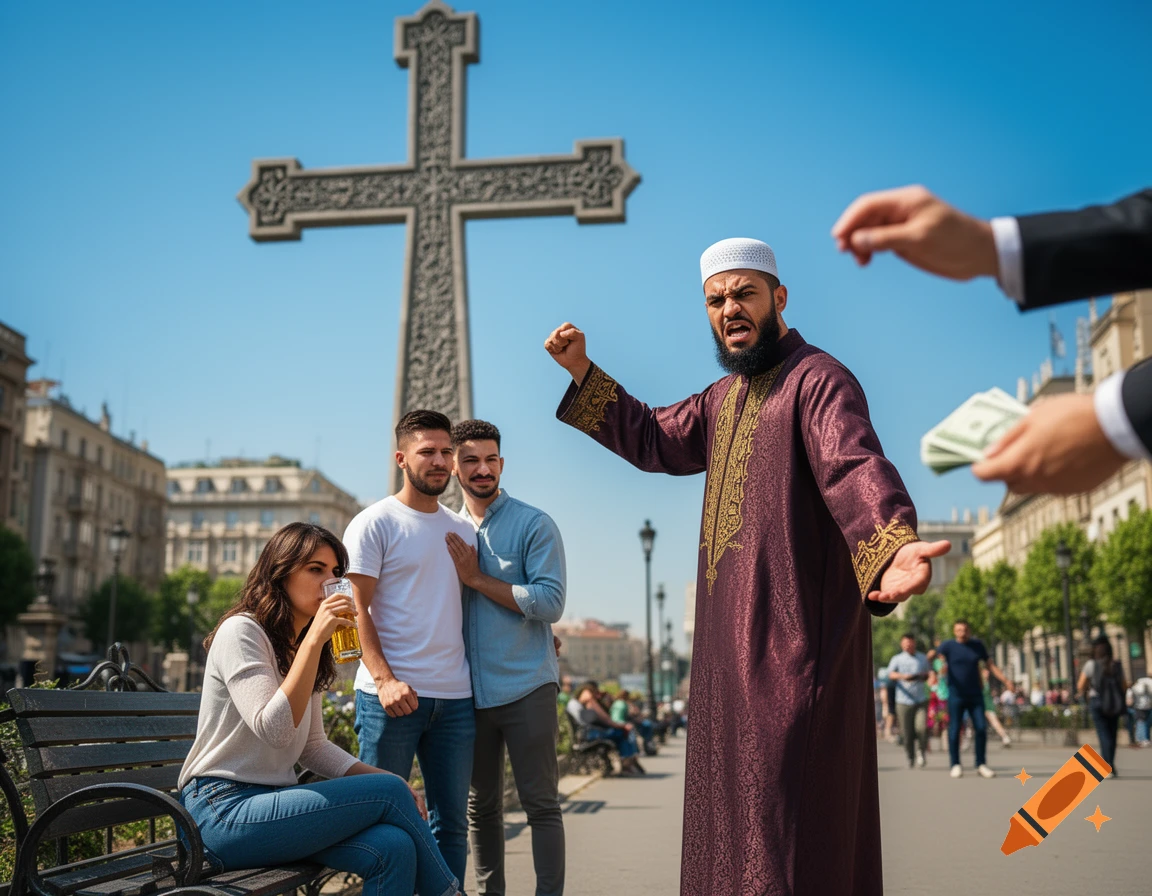 A Muslim man in traditional attire raises a fist angrily on a city street while a hand offers money; a woman drinks beer and two men stand by a large Christian cross.