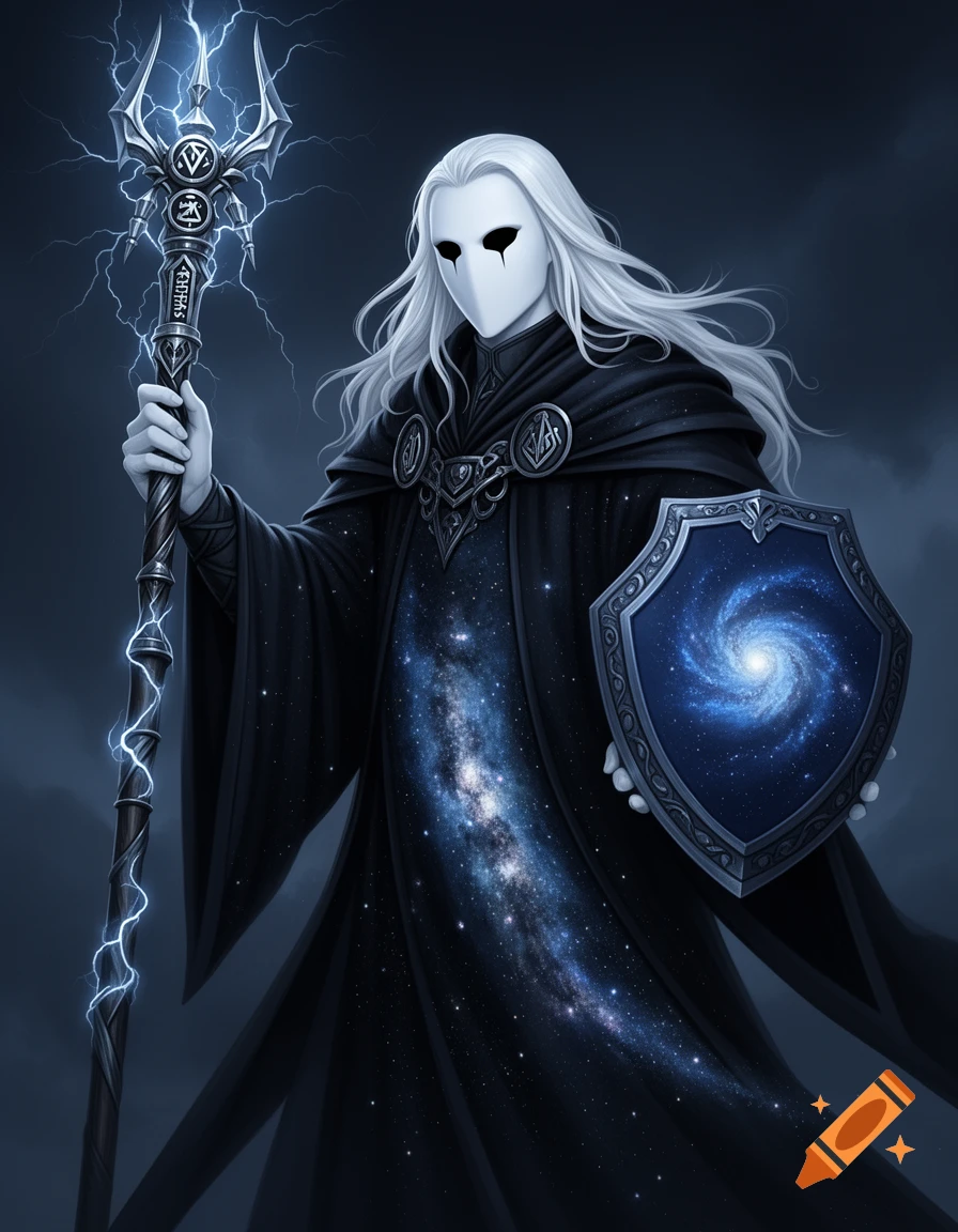 A dark fantasy character with a white mask, long white hair, black cosmic robe, holding a lightning staff and a galaxy shield.