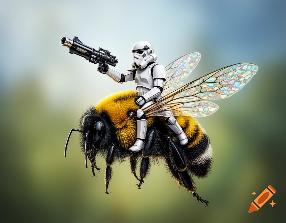 A detailed image of a Star Wars stormtrooper holding a blaster while riding on the back of a large, fluffy bumblebee.