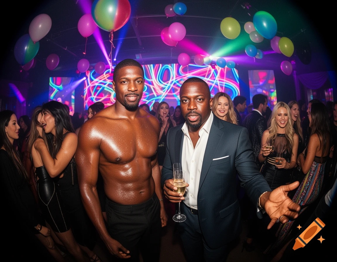 Two men, one shirtless and oiled, the other in a suit, at a vibrant, crowded party with balloons and colorful lights.