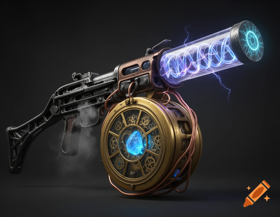 A detailed steampunk-style sci-fi weapon with a glowing blue crystal magazine, an electric coil barrel, and metallic frame with steam.