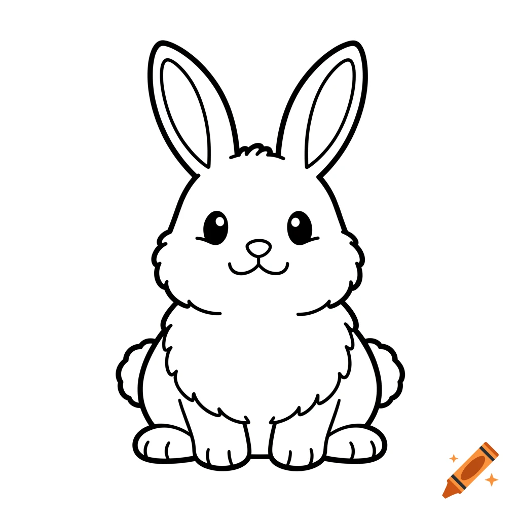 A cute, stylized black and white line art drawing of a bunny, suitable for a coloring book, on a white background.