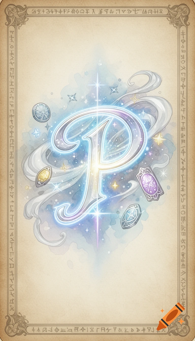 A stylized, glowing letter 'P' as a magical sigil at the center of a watercolor trading card with decorative rune borders.