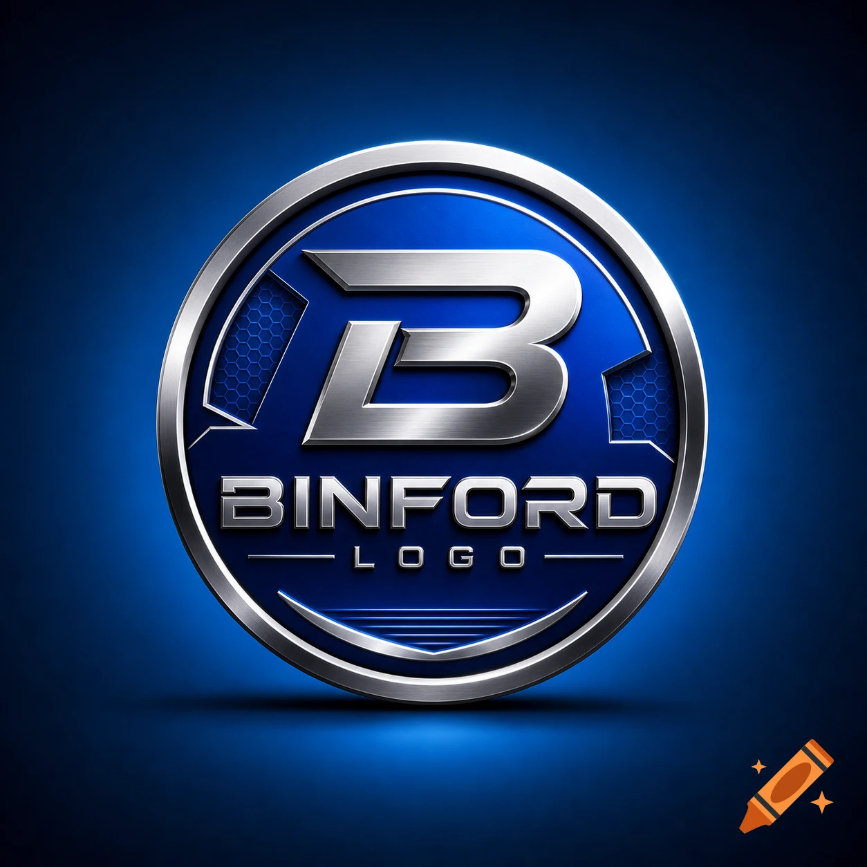 A shiny metallic silver letter B inside a blue circular logo with 'BINFORD LOGO' text, on a gradient blue background.